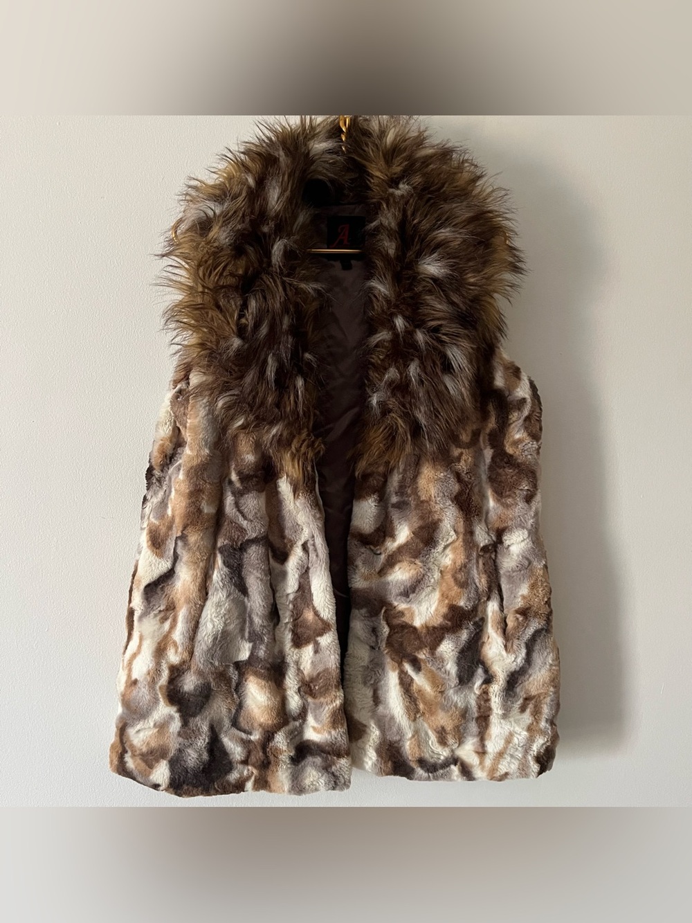 Adrienne Landau Faux Fur Brown Cream Vest Boho Mobwife Maximalist Fall Warm L